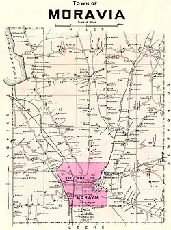 Town of Moravia, NY with the village of Moravia highlighted, 1904