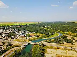 Aerial view photo taken of downtown High River Alberta in July 2017