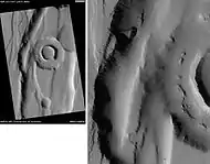 A ringed pit in the Tractus Fossae, as seen by HiRISE. Image is located in Tharsis quadrangle.  Scale bar is 1000 m.