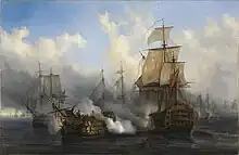 Image 7The British HMS Sandwich fires at the French flagship Bucentaure (completely dismasted) in the battle of Trafalgar. Bucentaure also fights HMS Victory (behind her) and HMS Temeraire (left side of the picture). HMS Sandwich did not fight at Trafalgar and her depiction is a mistake by the painter. (from Napoleonic Wars)