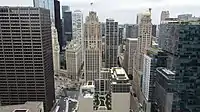 Tribune Tower in July 2021, with noticeable additions on part of the condo conversion.