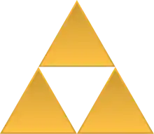 A depiction of the Triforce, three golden equilateral triangles with one triangle positioned above the other two triangles