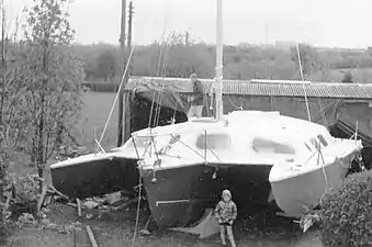 A home-built cruising trimaran under construction in 1972.