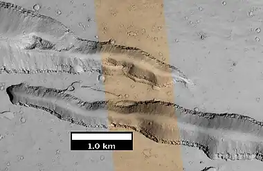 Troughs of the Cerberus Fossae group, as seen by HiRISE under the HiWish program.