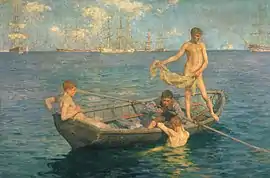 A painting of four boys in and around a small boat in a harbor.