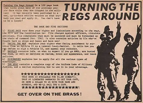 Advertisement in Liberated Barracks for Turning the Regs Around, a pamphlet produced by the Pacific Counseling Service