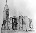 The tower in its Baroque form in 1847, with the church ruins