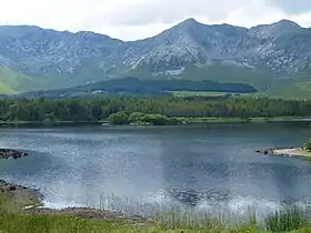 Derryclare (left), Bencorr (centre), and Bencorr North Top (right); with the corries of Log an Choire Mhóir (left) and Log an Choire Bhig (right)