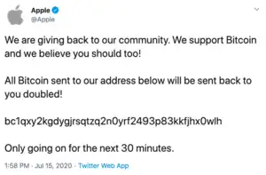 A tweet from Apple, which reads, "We are giving back to our community. We support Bitcoin and believe you should too! All Bitcoin sent to our addresses will be sent back to you, doubled!" After a bitcoin address, it reads "Only going on for the next 30 minutes."