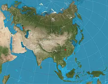 Image 15Two-point equidistant projectionMap: Strebe, using the Geocart map projection softwareA two-point equidistant projection of Eurasia. All distances of other points from the two points marked in red (45°N 40°E and 30°N 110°E) are correct. This map is a derivative of NASA's Blue Marble summer month composite, with oceans lightened to enhance legibility and contrast.More selected pictures