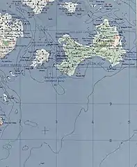 Map of most of Kinmen County including Fuxing Islet (labelled as Hou-chai Hsü (Phaktia)) (AMS, 1954)