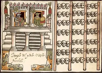 Image 11Art with ideological and political meaning: depiction of an Aztec tzompantli (skull-rack) from the Ramirez Codex (from Mesoamerica)