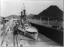 Hyperboloid mast towers were on the USS Arizona, in lock, Panama, 1921.