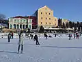 Skating on the frozen lake in the castle backyard