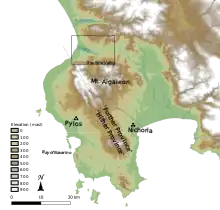 map of Messenia; Pylos, Nichoria and the Alpheios and Soulima valleys are labelled.