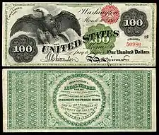 1863 $100 Legal Tender note The first $100 Gold Certificates were issued with a bald eagle to the left and large green 100 in the middle of the obverse.