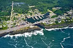 Aerial view of the harbor and center of Depoe Bay