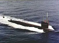 Permit-class nuclear-powered attack submarine surfaced and underway at sea in an undated photograph.