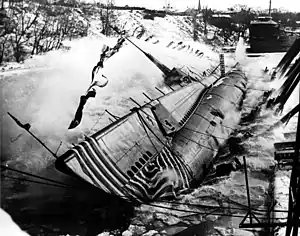 Hawkbill (SS-366), launches sideways into the Manitowoc River on 9 January 1944.