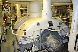 A steam turbine in the engine room