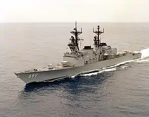 Ingersoll with only ASROC launcher forward, as all destroyers were initially built. Image also shows an example of black masts and no Phalanx CIWS