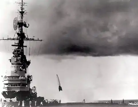 Launch of a captured V-2 rocket from deck of the U.S. Navy aircraft carrier USS Midway (CVB-41) during "Operation Sandy", September 6, 1947