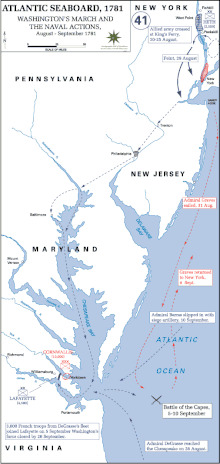 Map of the eastern seaboard showing naval movements prior to the siege of Yorktown