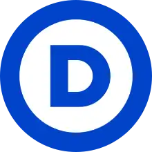 A blue circle with a capital "D" inside