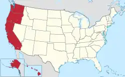 Location of the West Coast (red)in the United States (tan) as defined by the Census Bureau.