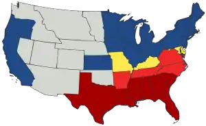 1861 Map of U.S. states and territories showing two phases of secession.