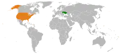 Map indicating locations of Ukraine and USA