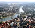 The Danube in Ulm as seen from the steeple of Ulm Minster, looking southwest.