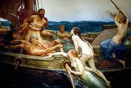 A painting of a boat in which several men are rowing while another man is tied to the mast and three mermaids are in the process of boarding the ship and losing their tails