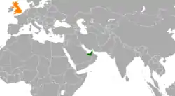 Map indicating locations of United Arab Emirates and United Kingdom