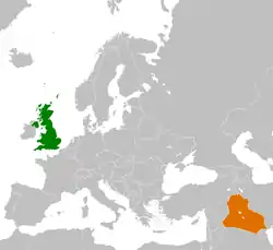 Map indicating locations of United Kingdom and Iraq