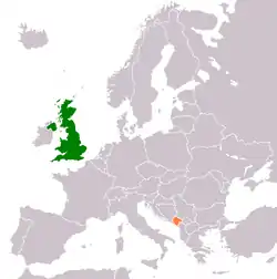 Map indicating locations of United Kingdom and  Montenegro