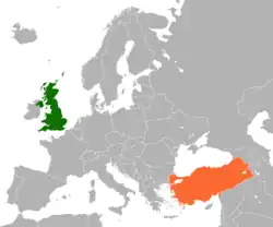 Map indicating locations of United Kingdom and Turkey