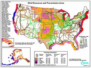 Image 7Map of available wind power over the United States. Colour codes indicate wind power density class (from Wind farm)