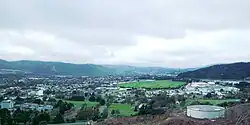 View looking northeast from Silverstream, with Trentham Racecourse in the centre and Trentham Army Camp at right