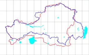 Blue line is the early border of the TPRRed line is the Tuvan Autonomous Oblast border