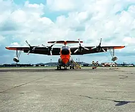 Shin Meiwa US-1A showing inverted spray gutter from nose to behind propellers