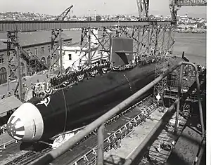 The launching of the USS Theodore Roosevelt on 1959-10-03.