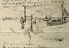 A sketch illustrating how he planned to use his new perspective frame with adjustable legs in the dunes at Scheveningen, 1882.