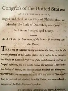 Image 191791 Act of Congress admitting Vermont into the Union (from Vermont)