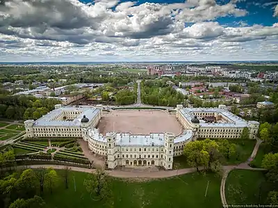 Aerial photo of Great Gatchina Palace's northern facade with Gatchina in the background