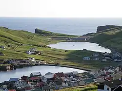 Vágur and the western part of Vágsfjørður. Further west is the lake Vatnið and Vágseiði on the west coast.