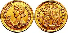 Solidus of Valentinian II with Theodosius I on the reverse, each holding a mappa