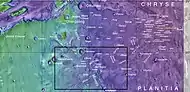 Map showing relative positions of several valleys in Lunae Palus quadrangle, including Vedra Valles, Maumee Valles, and Maja Valles.  Box indicates where these valleys can be found.  Colors show elevation.