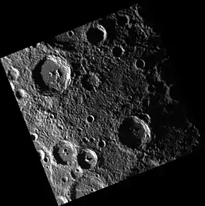 Han Kan (bottom center), Van Gogh (upper left), and Dickens (right) craters