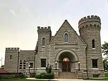 Library building shaped like a small castle.